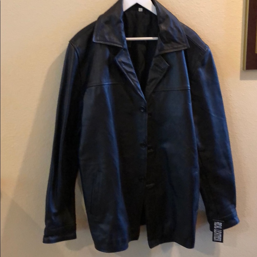 NEW MENS LEATHER COAT BLACK SZ LARGE SIDE POCKETS